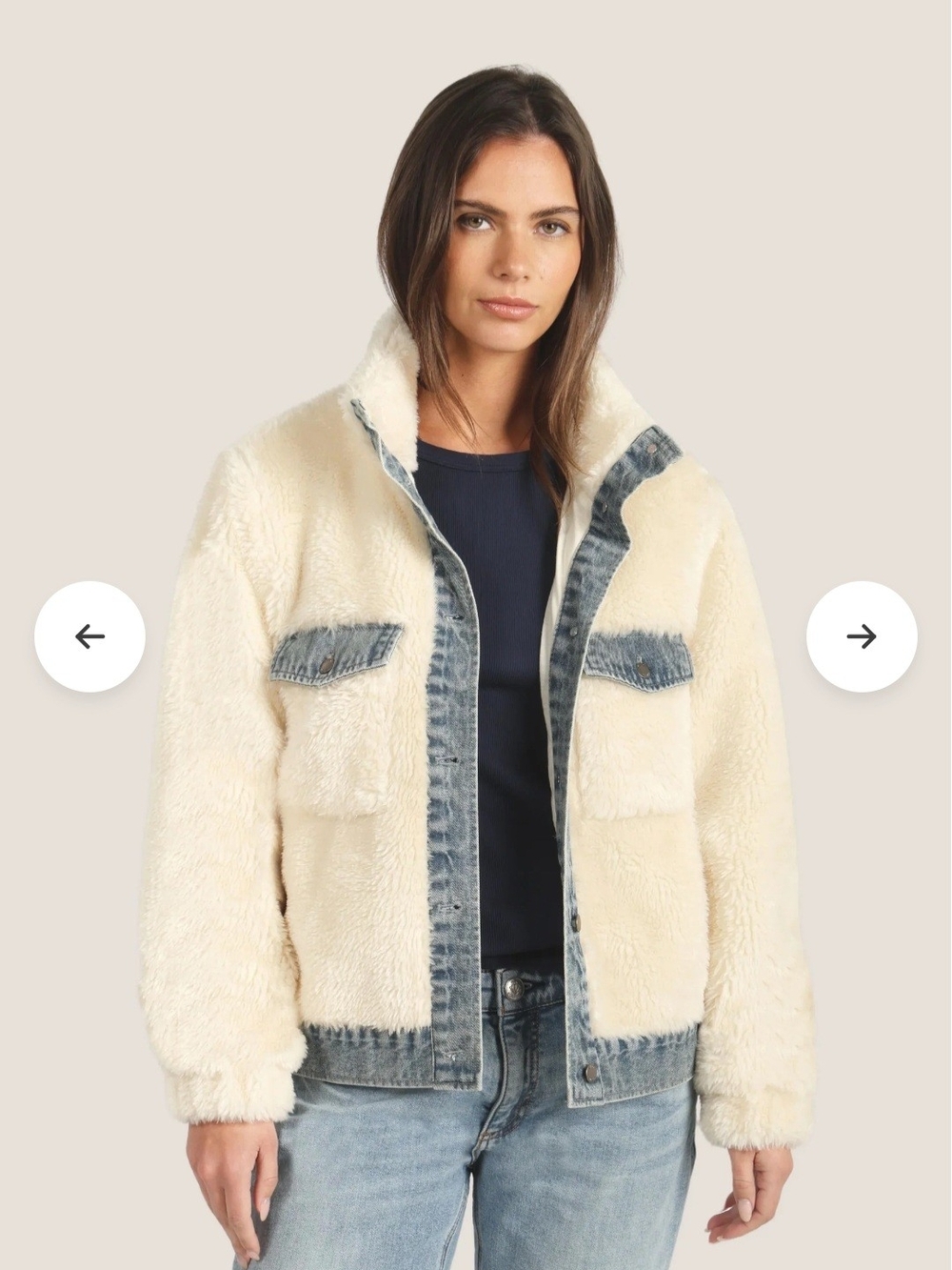 Teddy Jacket with Denim Trim - Cream